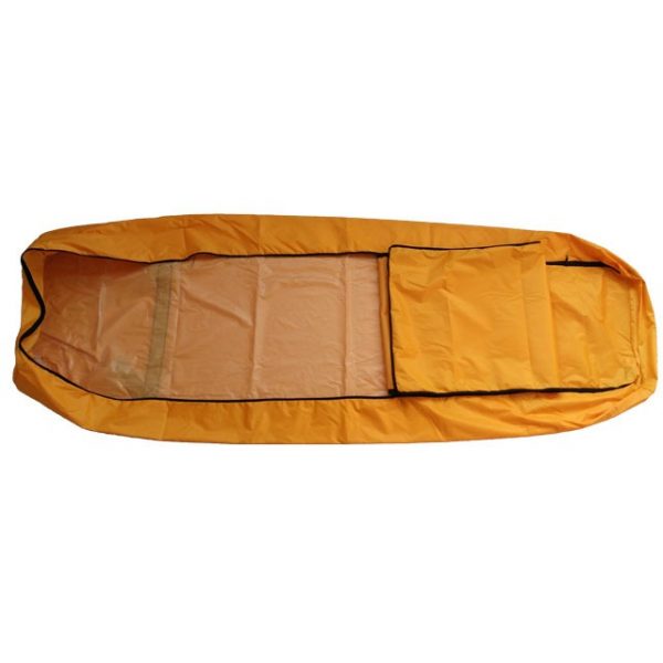 Yellow waterproof coffin-style double-layer body bag, with a circular zipper and four handles